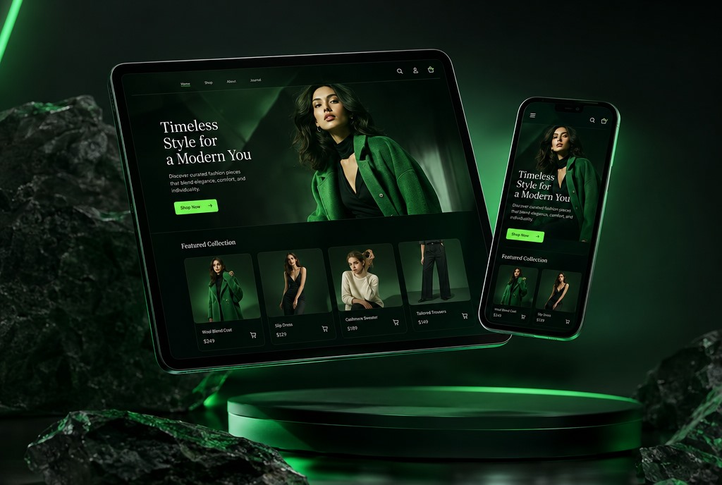 Strona wizytówka butiku odzieżowego na tablecie i telefonie