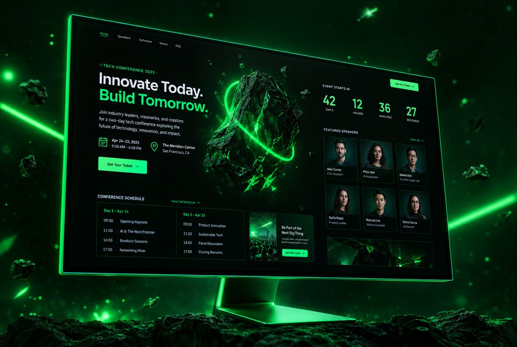 Landing page konferencji na monitorze