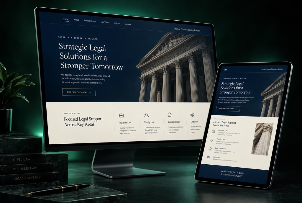 Strona kancelarii prawnej na monitorze i tablecie