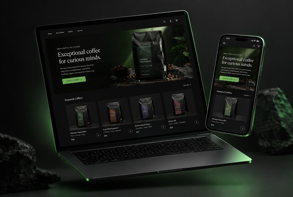 Strona firmowa palarni kawy na laptopie i telefonie